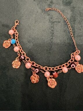 Rose Gold Floral Evil Eye Charm Bracelet or Anklet with Pink Beads Jewelry